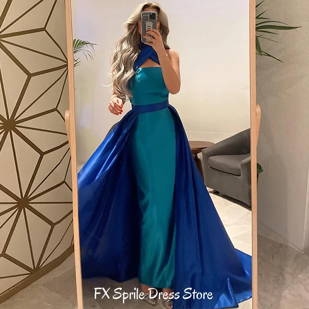 Saudi Arabia Customized A-Line Blue Satin Evening Dress Classic Halter Sleeveless Party Gowns Contrast Color Prom Dresses