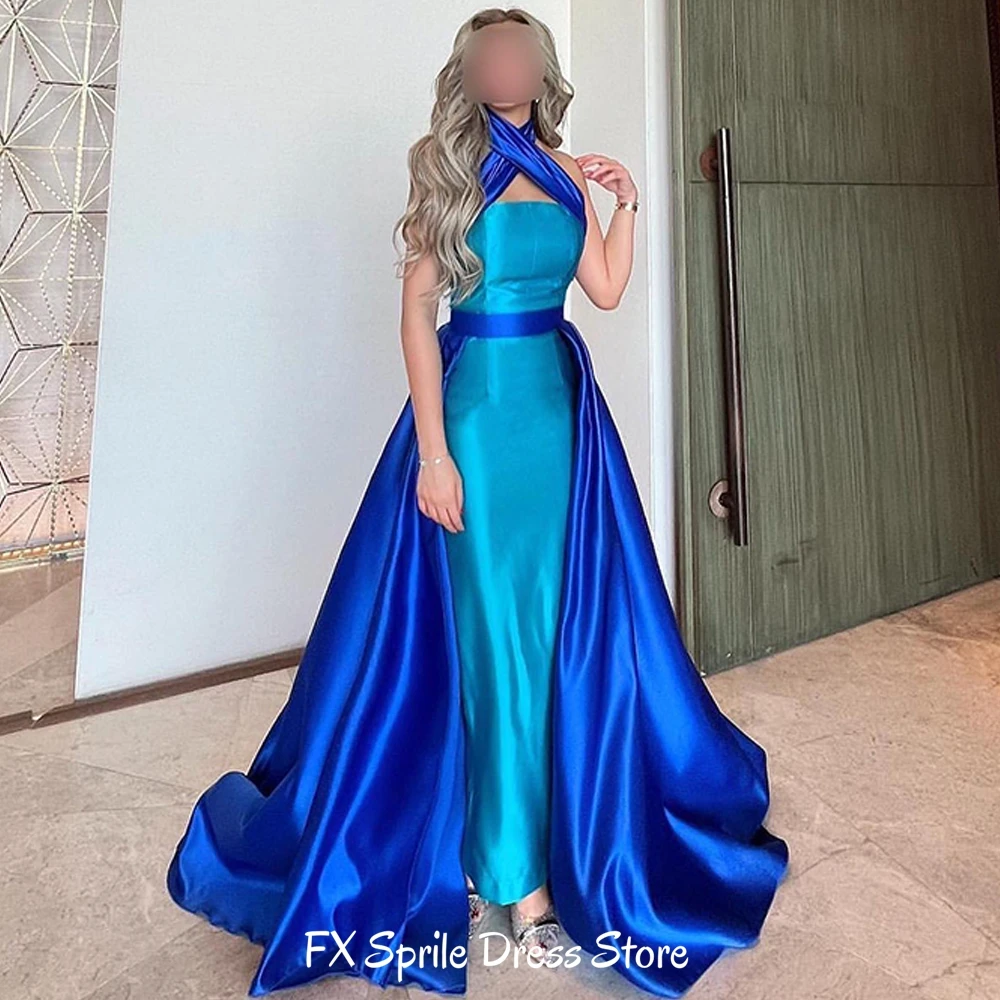 Saudi Arabia Customized A-Line Blue Satin Evening Dress Classic Halter Sleeveless Party Gowns Contrast Color Prom Dresses