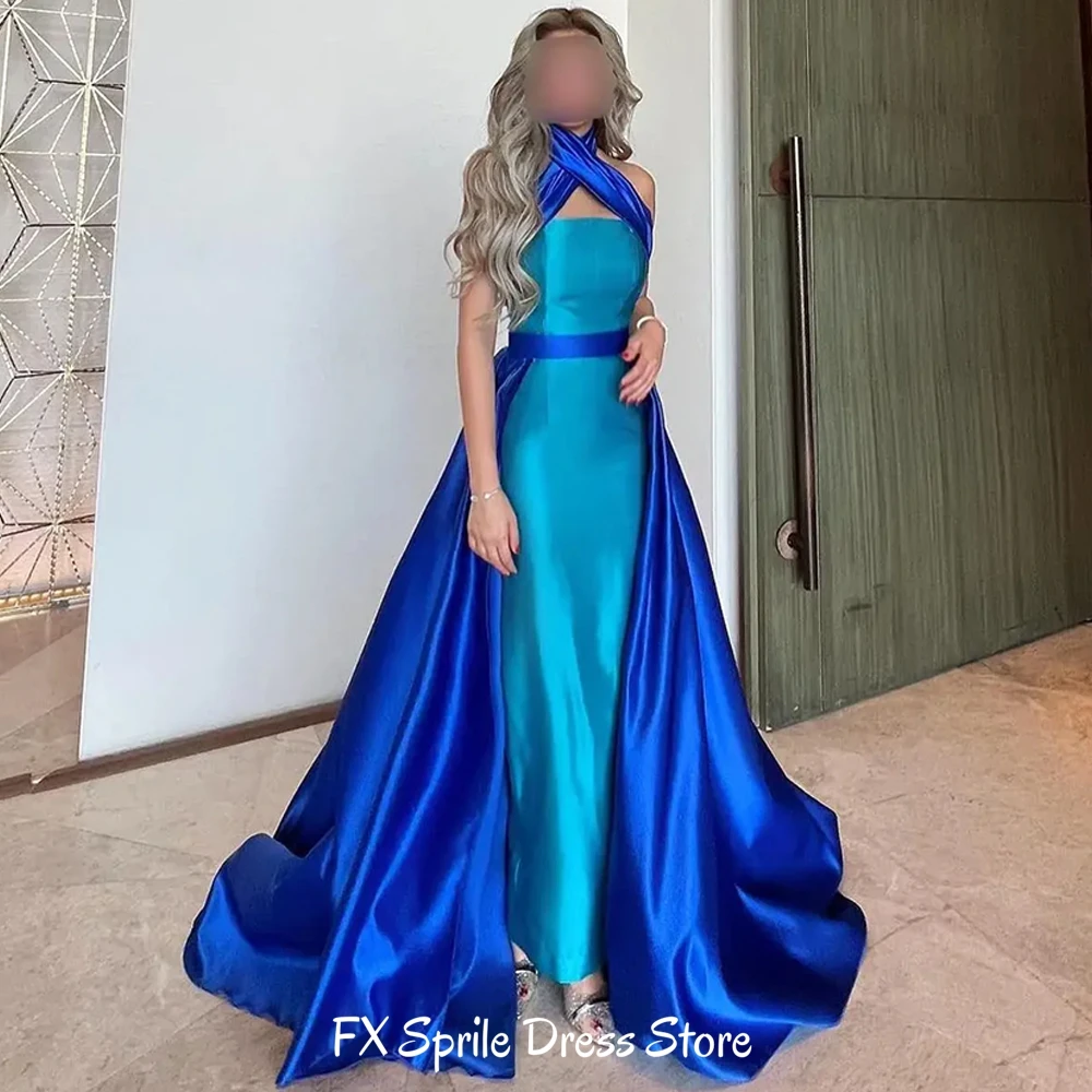 Saudi Arabia Customized A-Line Blue Satin Evening Dress Classic Halter Sleeveless Party Gowns Contrast Color Prom Dresses