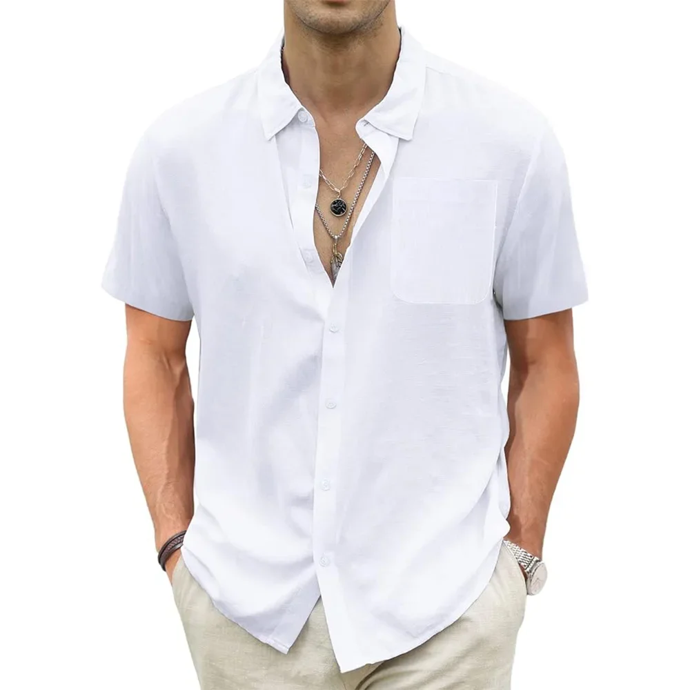 Men's Lightweight Hawaiian Shirts Cotton Linen Breathable Short Sleeve Shirts Vacation Beach Casual Summer Men Tops with Pocket