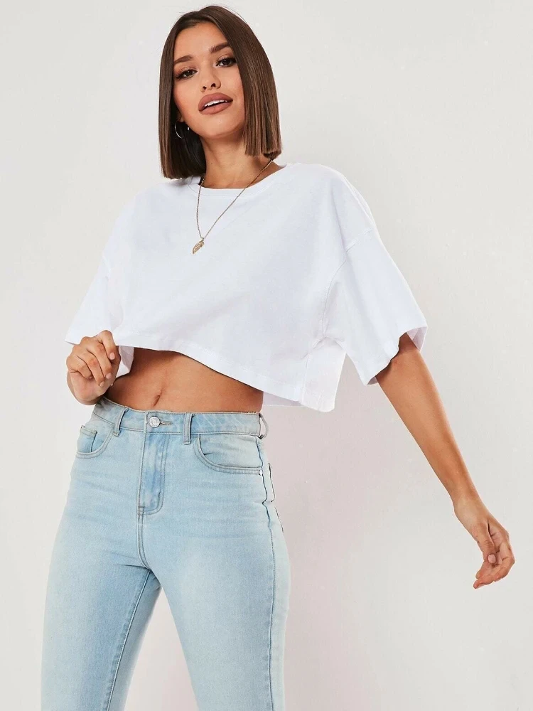 Solid Color Women Cotton T-shirts Running Short T Shirt Yoga Fitness Crop Top Comfortable Fashion Tee Clothing Summer Tops