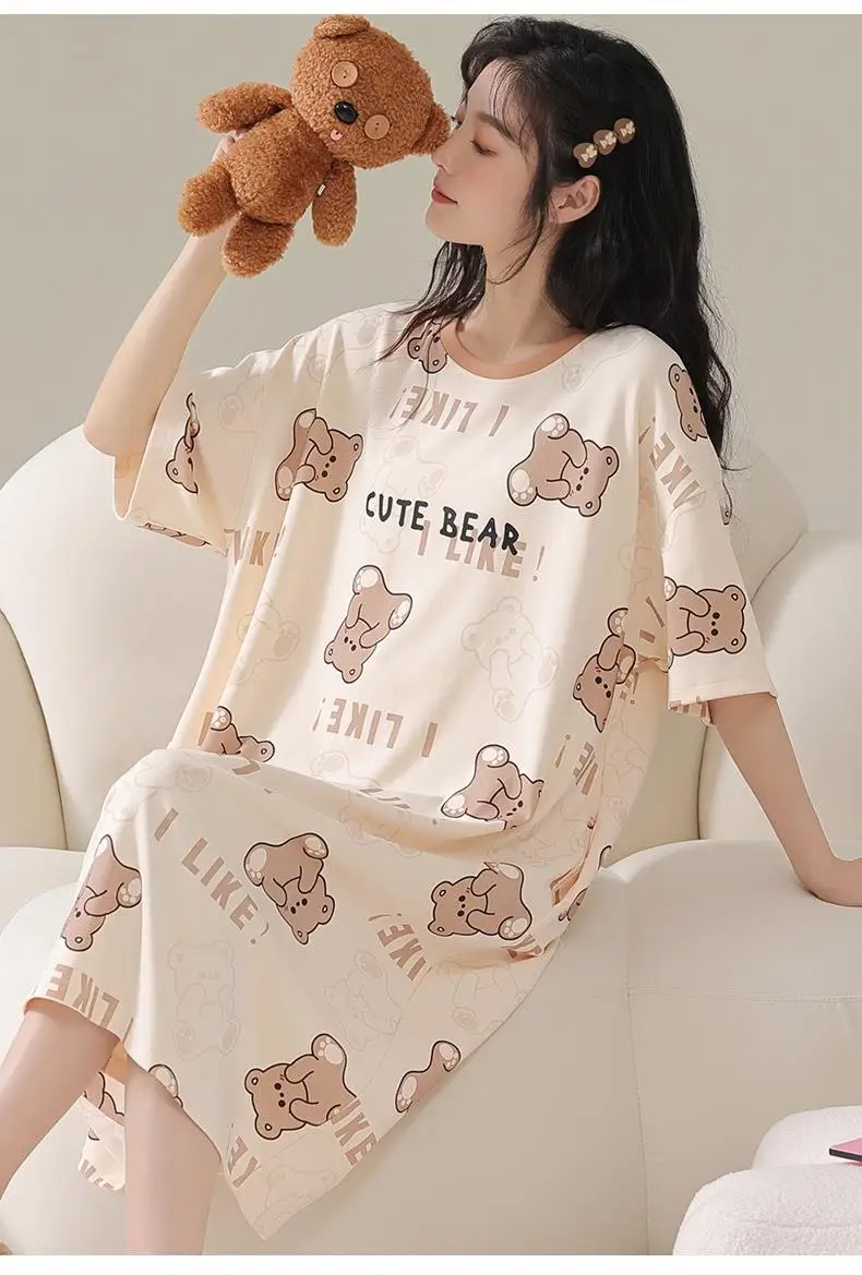 Women's Nightgown Korean Version Girls Homewear Sweet Wind Cute Cartoon Thin Section Loose Pajamas Kawaii Cute Breathable Casual
