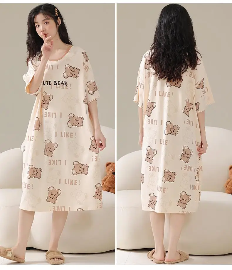 Women's Nightgown Korean Version Girls Homewear Sweet Wind Cute Cartoon Thin Section Loose Pajamas Kawaii Cute Breathable Casual