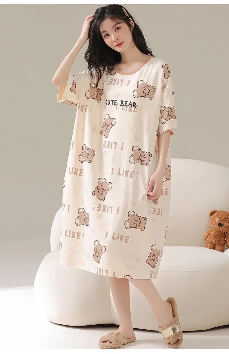 Women's Nightgown Korean Version Girls Homewear Sweet Wind Cute Cartoon Thin Section Loose Pajamas Kawaii Cute Breathable Casual