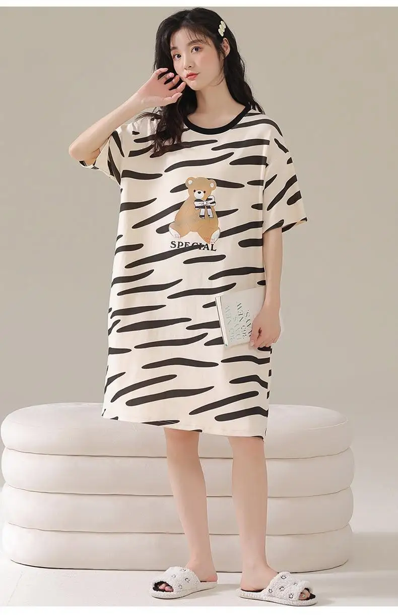 Women's Nightgown Korean Version Girls Homewear Sweet Wind Cute Cartoon Thin Section Loose Pajamas Kawaii Cute Breathable Casual