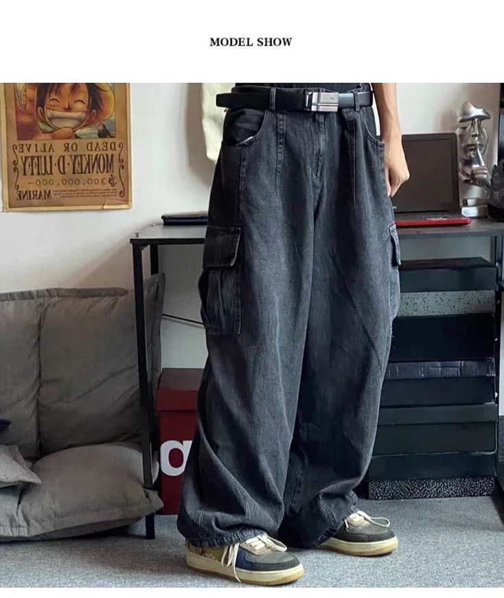 Baggy Jeans Men's Oversize Cargo Korean Black Wide Pants Streetwear Hip Hop Harajuku Male Fashion Straight Denim Pants