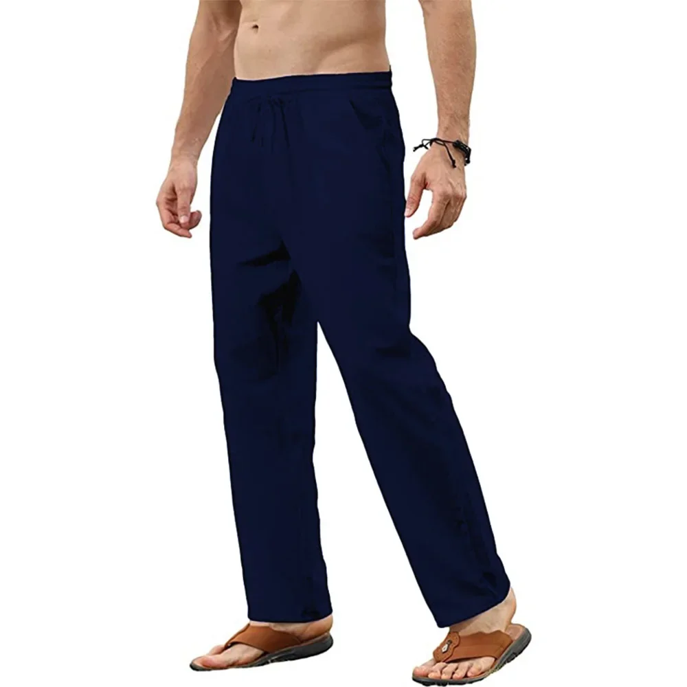 Men's Cotton Linen Pants Basic Versatile Fashion Loose Pants Male Breathable Solid Casual Drawstring Jogger Yoga Baggy Trousers