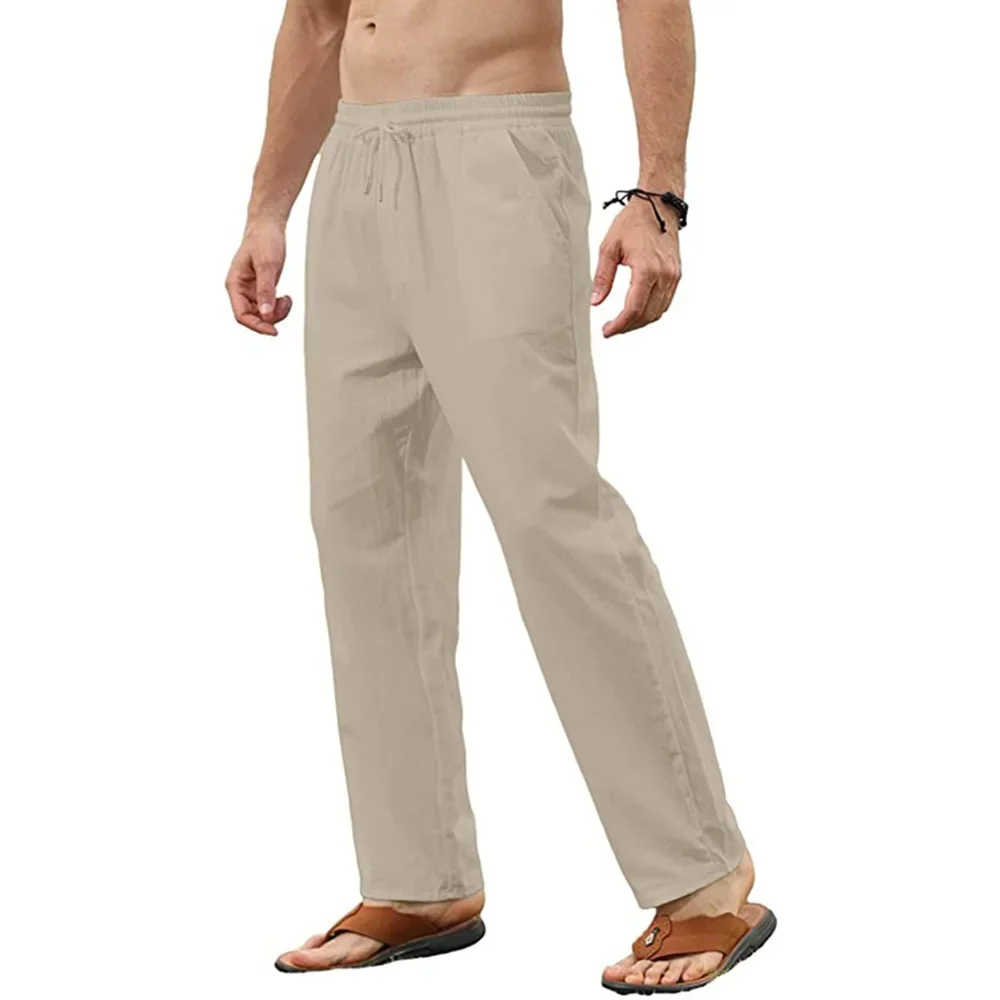 Men's Cotton Linen Pants Basic Versatile Fashion Loose Pants Male Breathable Solid Casual Drawstring Jogger Yoga Baggy Trousers