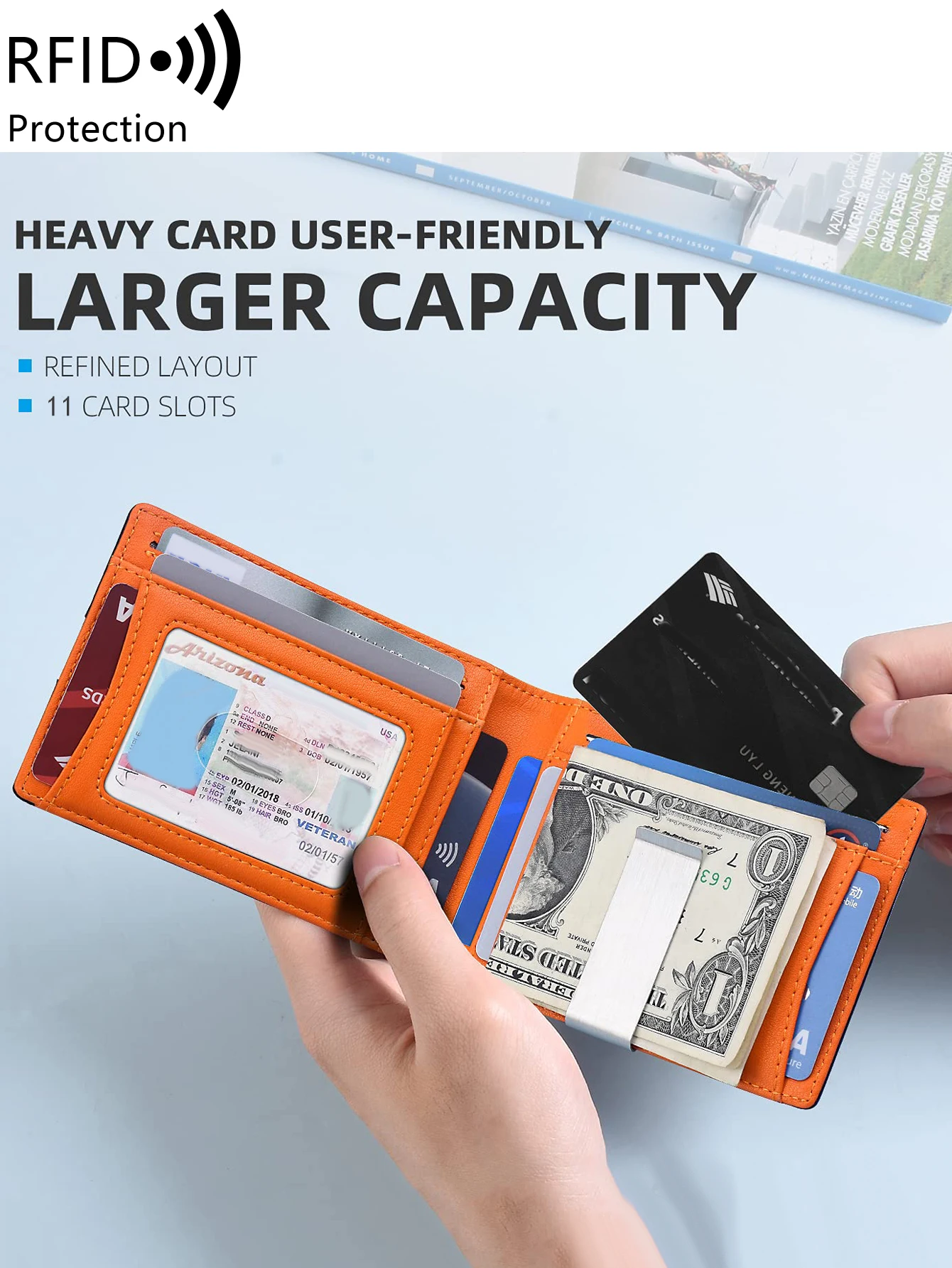 Minimalist Men's Wallet Multifunctional RFID Blocking Front Pocket Portable Card Holder Solid Color Large Capacity 11 Cardwallet