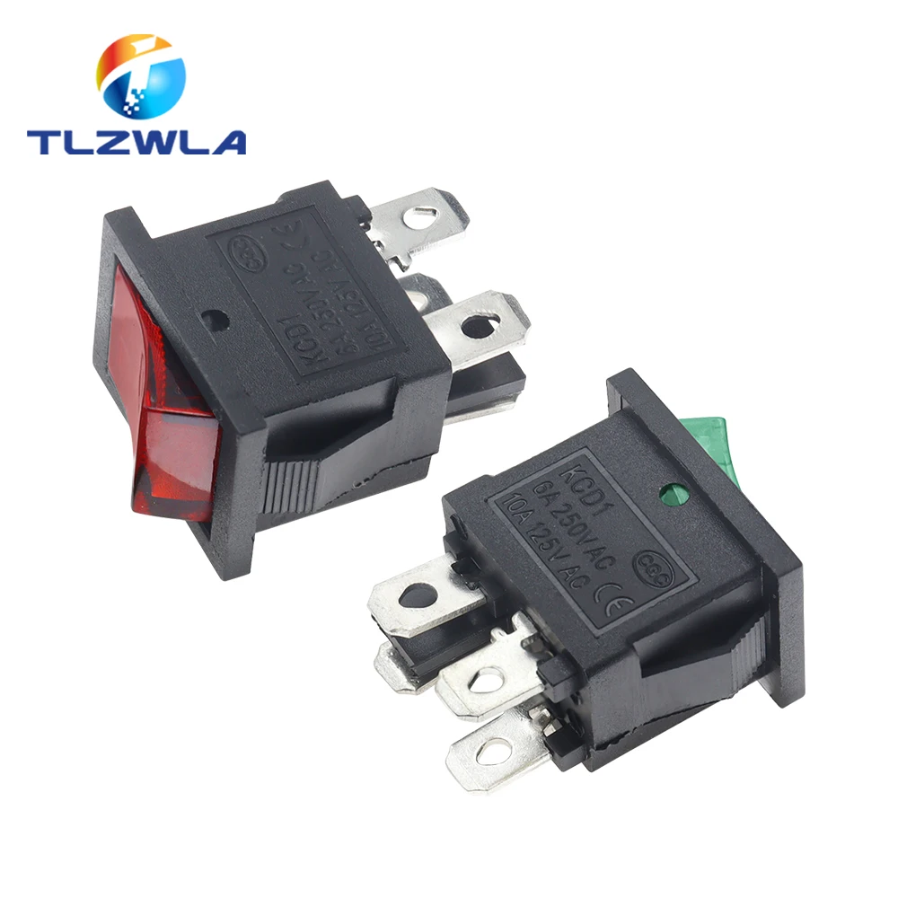 1PCS KCD1 LED ON-OFF 4 Pin Boat Car Rocker Switch 21*15mm 6A/250V 10A/125V AC Black Red Green Light Siwtch