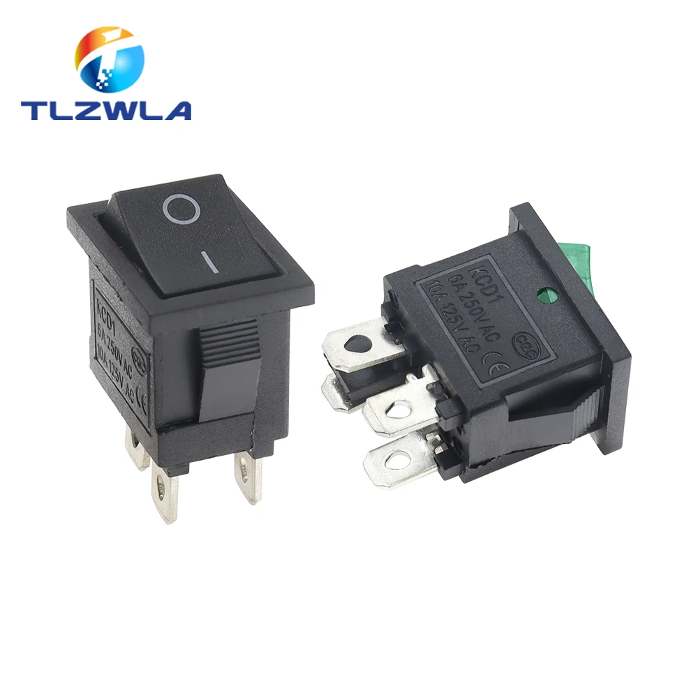 1PCS KCD1 LED ON-OFF 4 Pin Boat Car Rocker Switch 21*15mm 6A/250V 10A/125V AC Black Red Green Light Siwtch