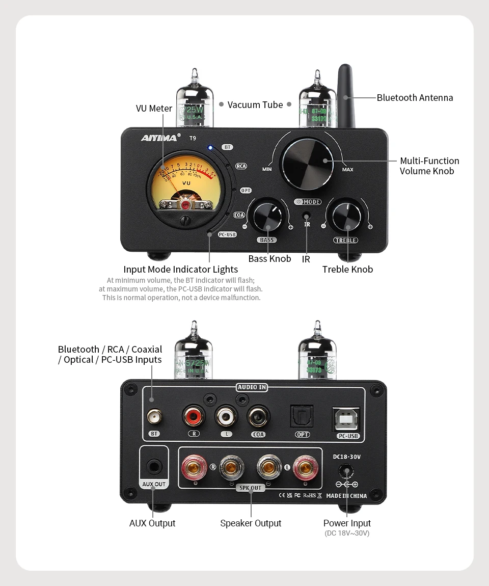 AIYIMA Audio T9 HiFi Bluetooth 5.0 Vacuum Tube Amplifier USB DAC Stereo Amplificador COAX OPT VU Meter Amplifier Speaker Amplify