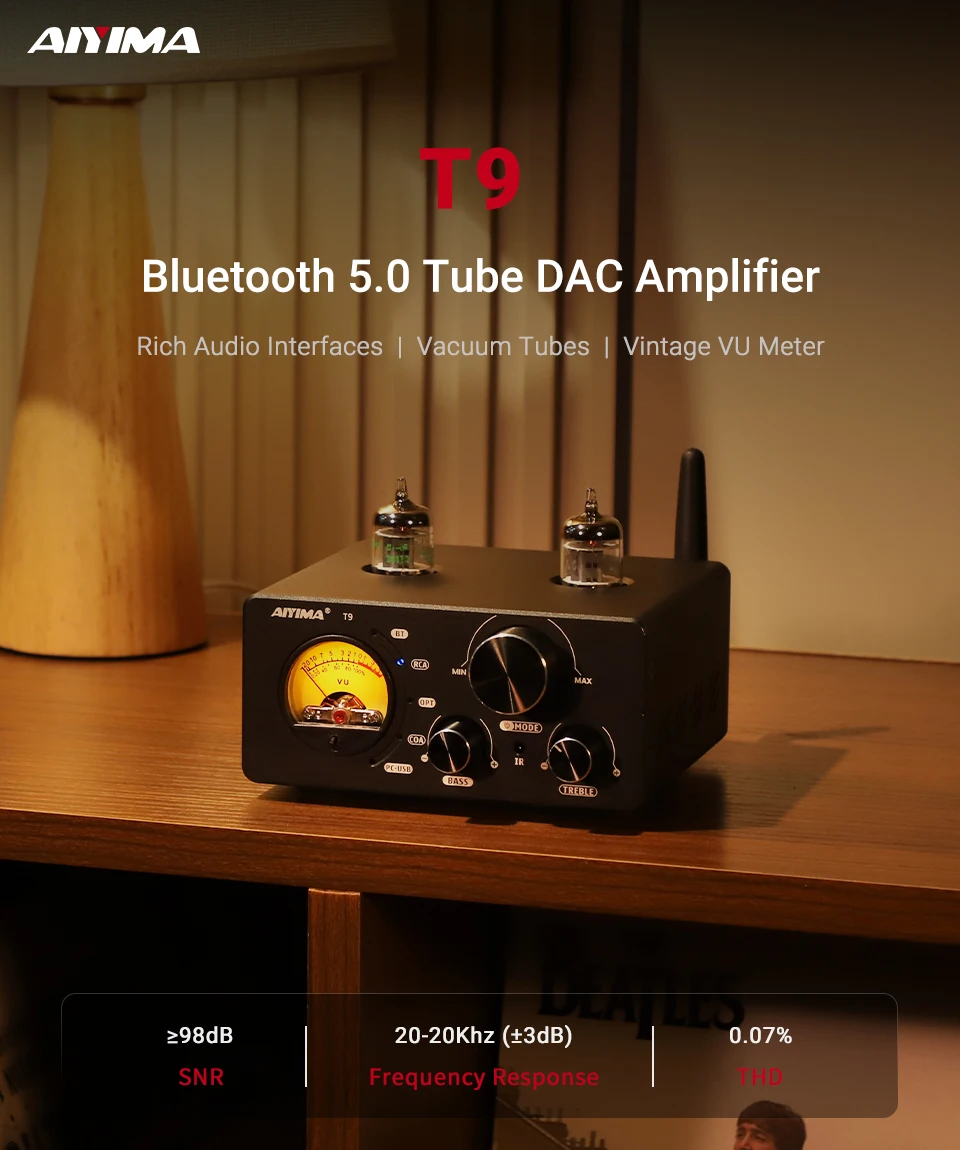 AIYIMA Audio T9 HiFi Bluetooth 5.0 Vacuum Tube Amplifier USB DAC Stereo Amplificador COAX OPT VU Meter Amplifier Speaker Amplify