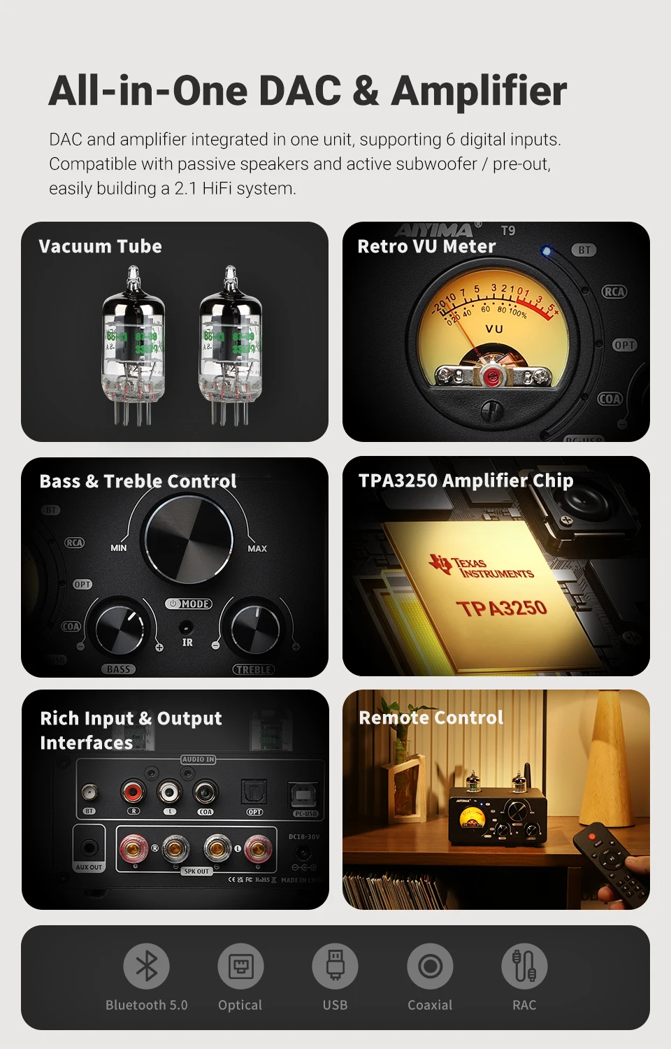 AIYIMA Audio T9 HiFi Bluetooth 5.0 Vacuum Tube Amplifier USB DAC Stereo Amplificador COAX OPT VU Meter Amplifier Speaker Amplify