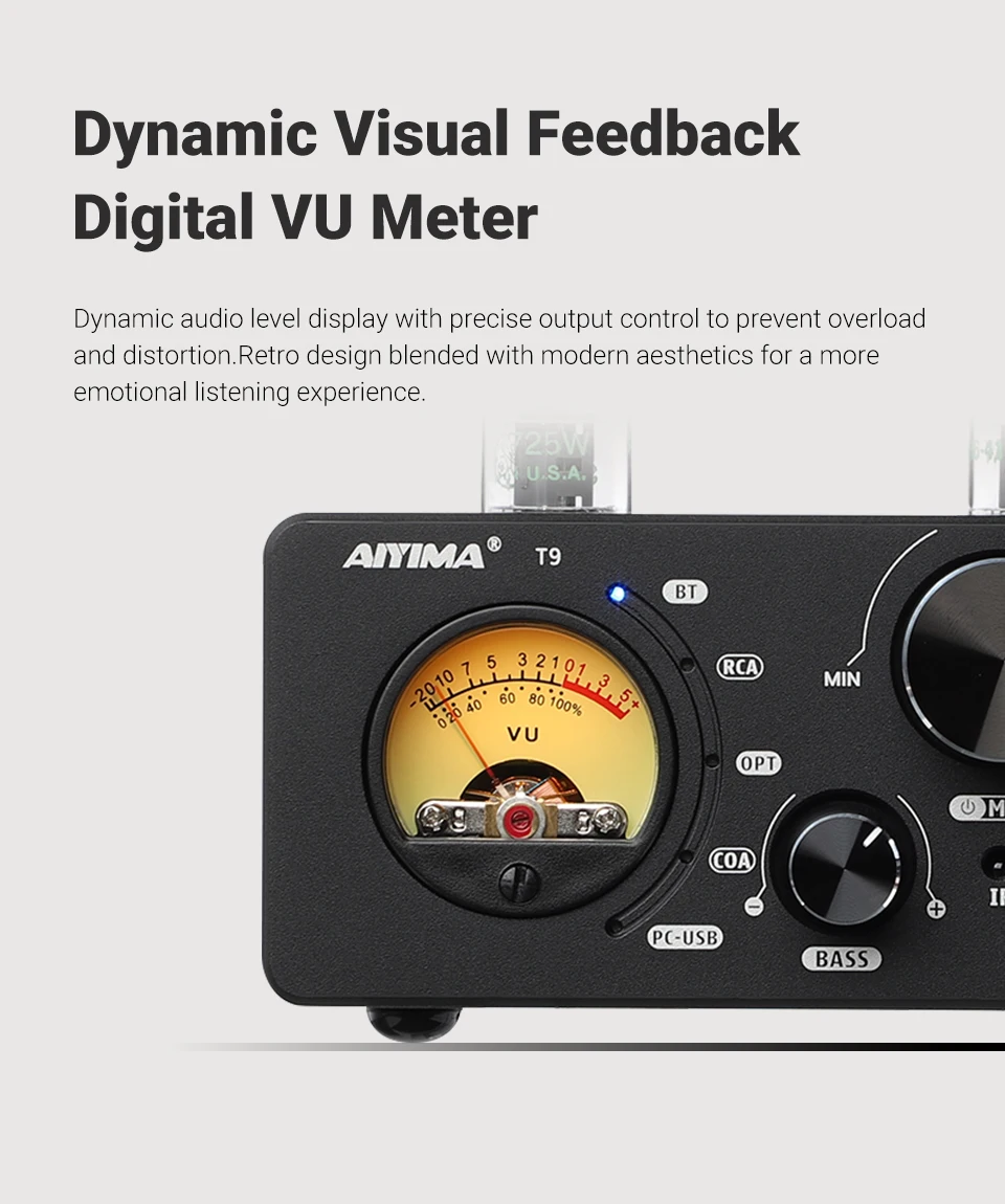 AIYIMA Audio T9 HiFi Bluetooth 5.0 Vacuum Tube Amplifier USB DAC Stereo Amplificador COAX OPT VU Meter Amplifier Speaker Amplify