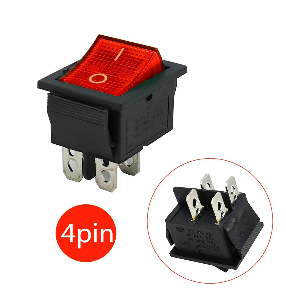 Latching Rocker Switch Power Switch I/O 4 Pins with Light 16A 250VAC 20A 125VAC KCD4