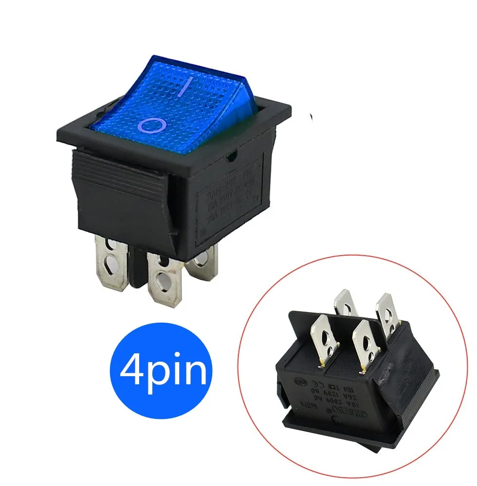 Latching Rocker Switch Power Switch I/O 4 Pins with Light 16A 250VAC 20A 125VAC KCD4