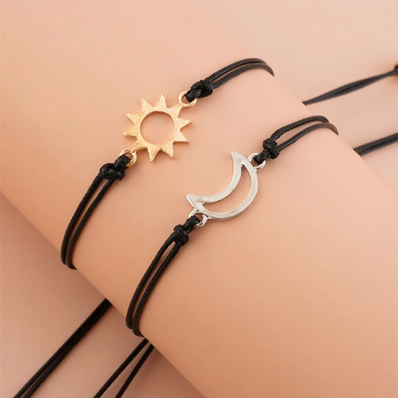 2pcs/set Minimalist Sun Moon Charm Couple Bracelet Friendship Jewelry Gift Handmade Adjustable Braided Rope Bracelets Wholesale