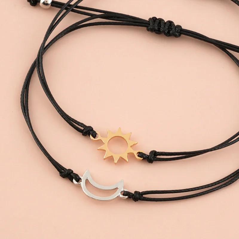 2pcs/set Minimalist Sun Moon Charm Couple Bracelet Friendship Jewelry Gift Handmade Adjustable Braided Rope Bracelets Wholesale