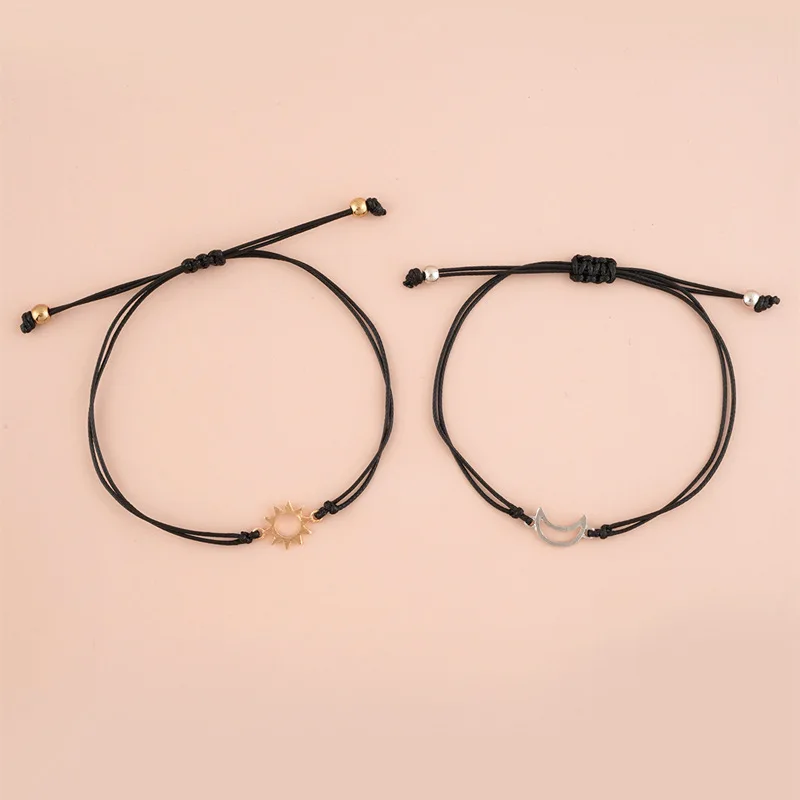 2pcs/set Minimalist Sun Moon Charm Couple Bracelet Friendship Jewelry Gift Handmade Adjustable Braided Rope Bracelets Wholesale