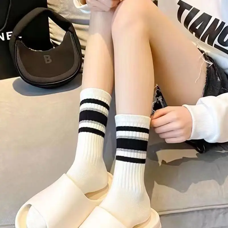 5 Pairs Women's Socks Cute Harajuku Warm Sock Simple Colorful Striped Short Socks Fashion Spring Autumn Women's Mid Length Socks