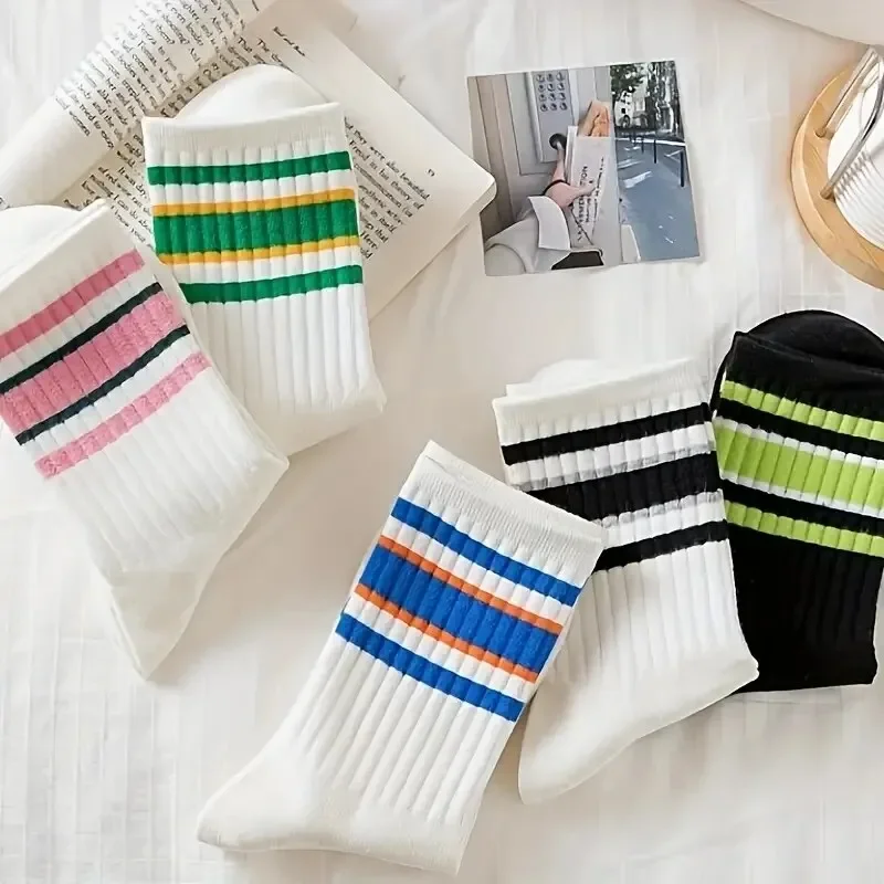 5 Pairs Women's Socks Cute Harajuku Warm Sock Simple Colorful Striped Short Socks Fashion Spring Autumn Women's Mid Length Socks