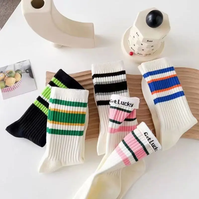 5 Pairs Women's Socks Cute Harajuku Warm Sock Simple Colorful Striped Short Socks Fashion Spring Autumn Women's Mid Length Socks