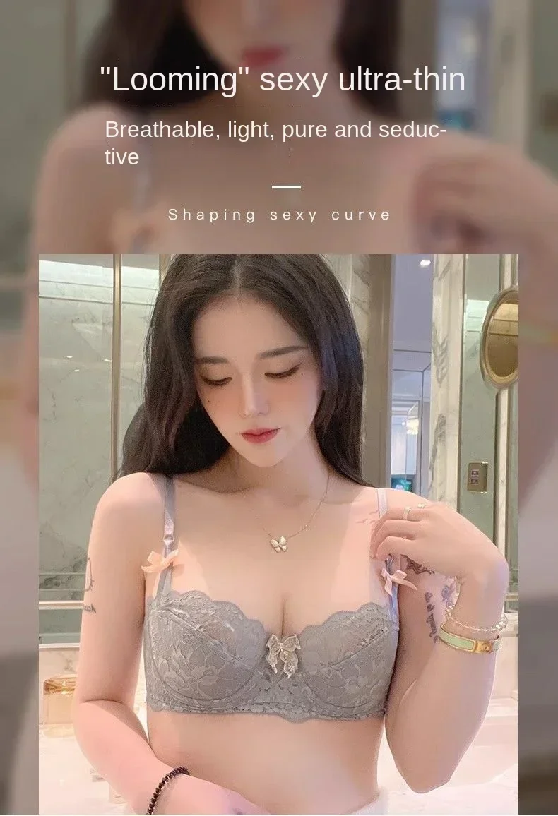 MOYISU 1/2 Ear AB Cup Pure Desire Girl Bra Set | Pull-up Bra Set With Bow Breathable French Lace Bra | Anti-Slip Cup Date Night
