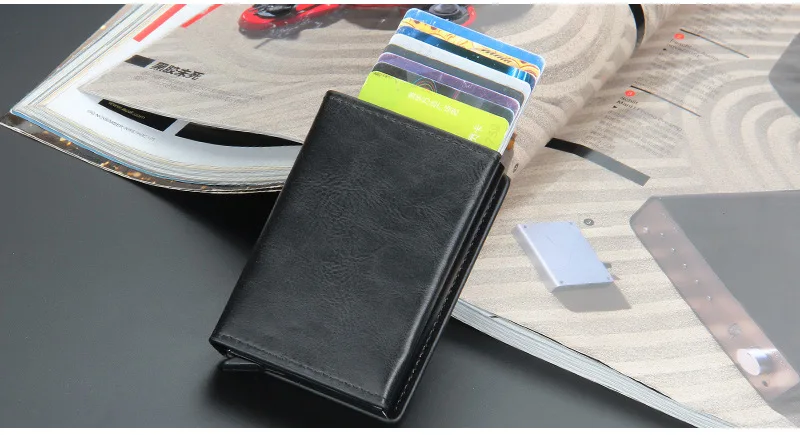 Magnet Rfid Blocking Credit Card Holder Case for Men Unisex Leather ID Bank Wallets with Magnetic Buckle Closer Small PU Purse