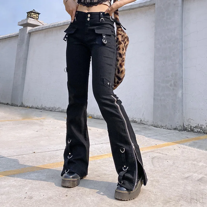 Dark Punk Y2k Grunge Low Waist Emo Jeans Mall Gothic Women Black Patchwork Electro Pants Fashion Streetwear Alt Clothes