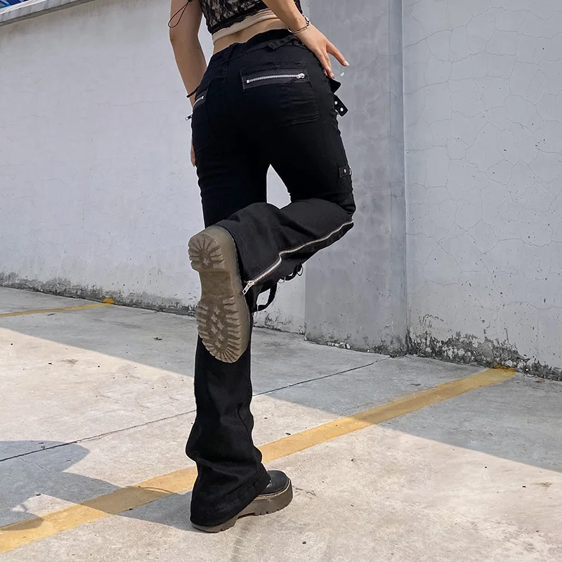 Dark Punk Y2k Grunge Low Waist Emo Jeans Mall Gothic Women Black Patchwork Electro Pants Fashion Streetwear Alt Clothes