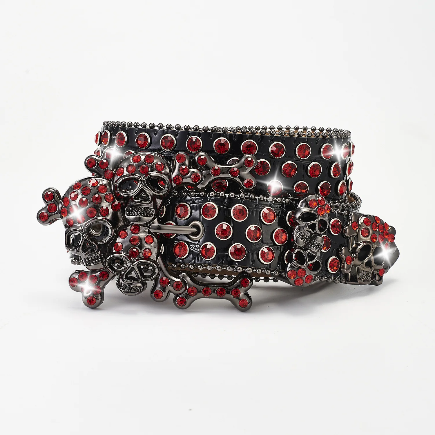 Western Leather Belt Crystal BlingBling Punk Belt Skull Pile Water Diamond Fashion Belt for Cowboy
