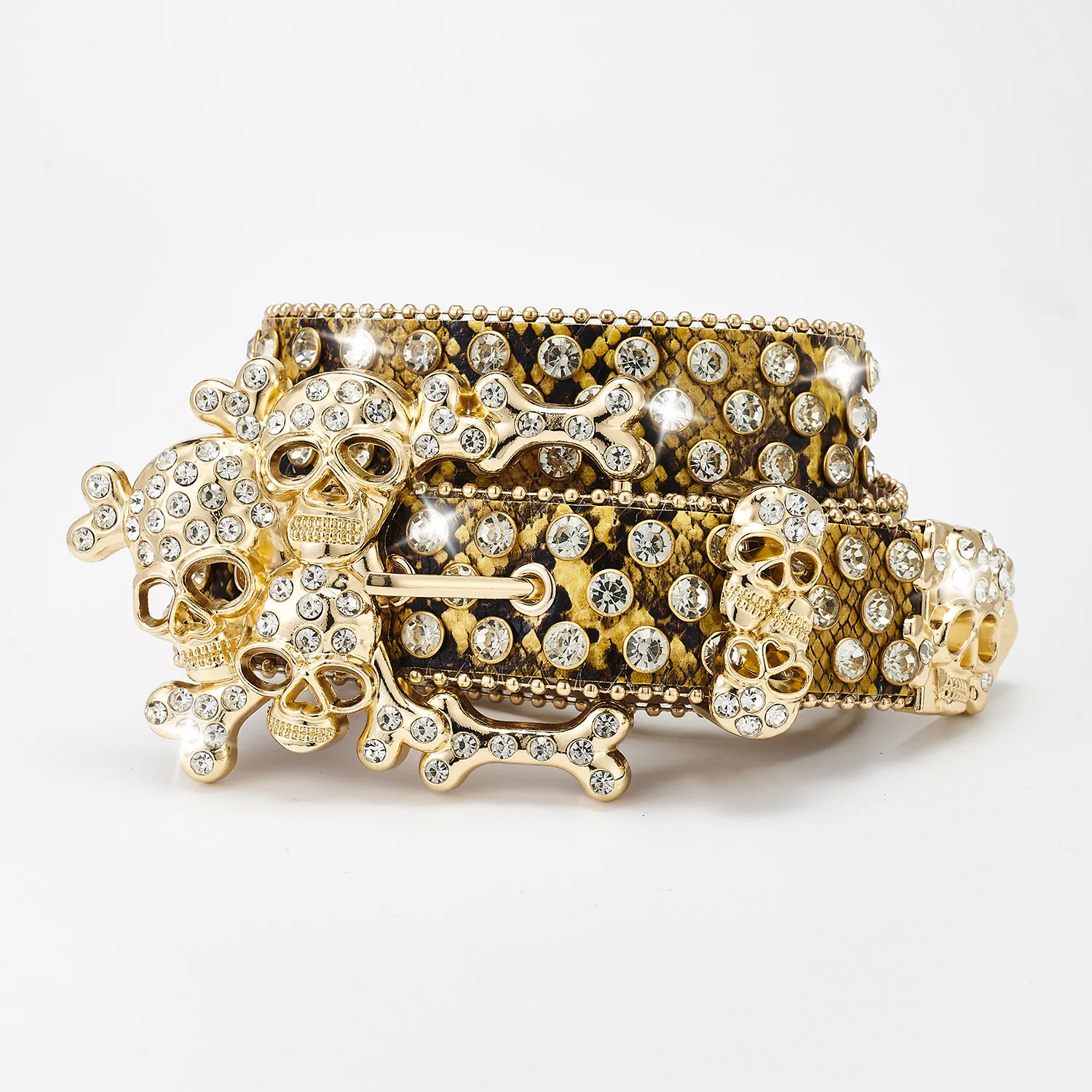Western Leather Belt Crystal BlingBling Punk Belt Skull Pile Water Diamond Fashion Belt for Cowboy