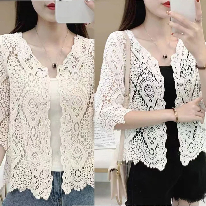Women Knitted Lace Shrug Boho Hollow Crochet Floral 3/4 Sleeves Open Front Cropped Cardigan Elegant Mesh Sweater Coveup