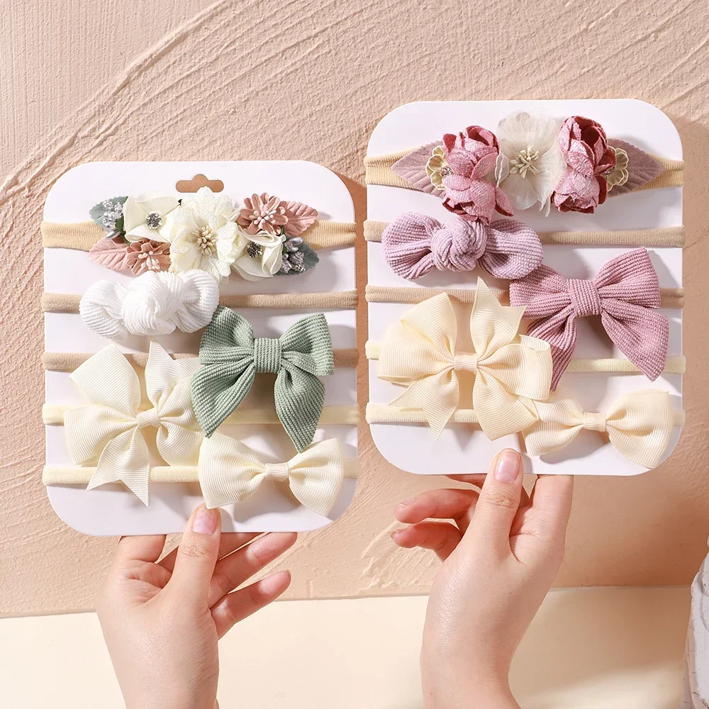 5Pcs/lot Baby Elastic Nylon Headband Newborn Lovely Flower Lace Bow Head Band for Girl Infant Toddler Soft Babe Hair Accessories