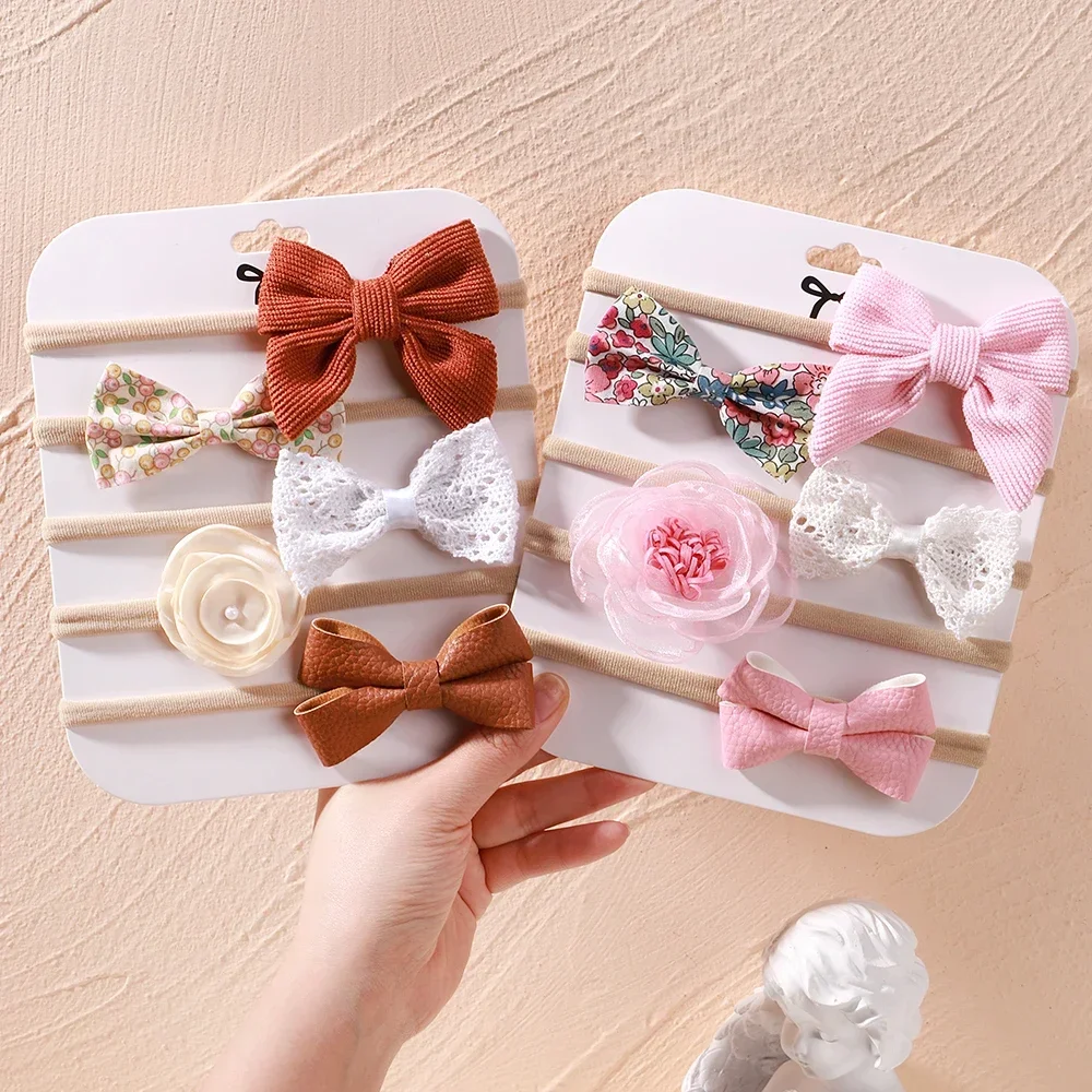5Pcs/lot Baby Elastic Nylon Headband Newborn Lovely Flower Lace Bow Head Band for Girl Infant Toddler Soft Babe Hair Accessories