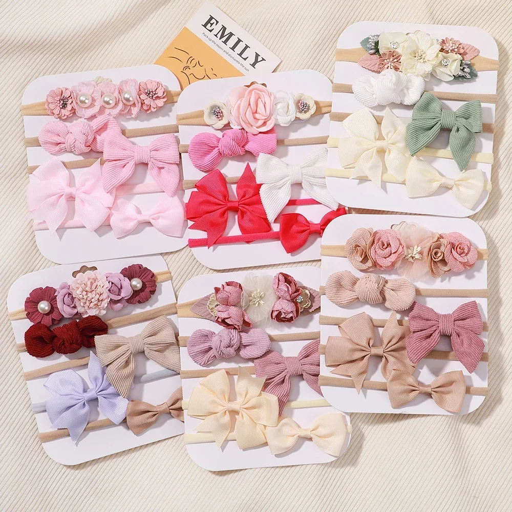 5Pcs/lot Baby Elastic Nylon Headband Newborn Lovely Flower Lace Bow Head Band for Girl Infant Toddler Soft Babe Hair Accessories