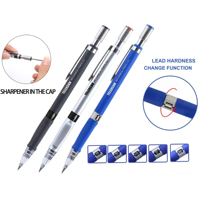 Mechanical Pencils Set 2.0mm with 2B Black/Colors Lead Refill Eraser for Student Writing Sketching Painting Automatic Pencil
