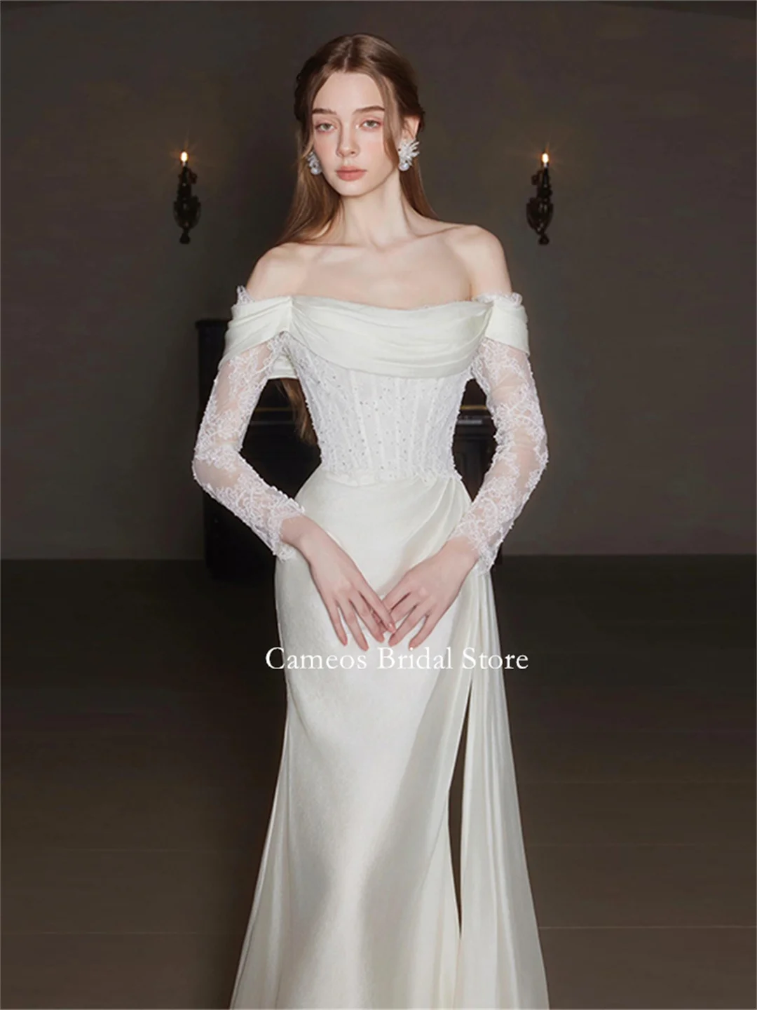 SONDR Off the Shoulder Fashion Korea Lace White Wedding Dresses Photo Shoot VINTAGE Satin Sweep Train Customized Bridal Gown