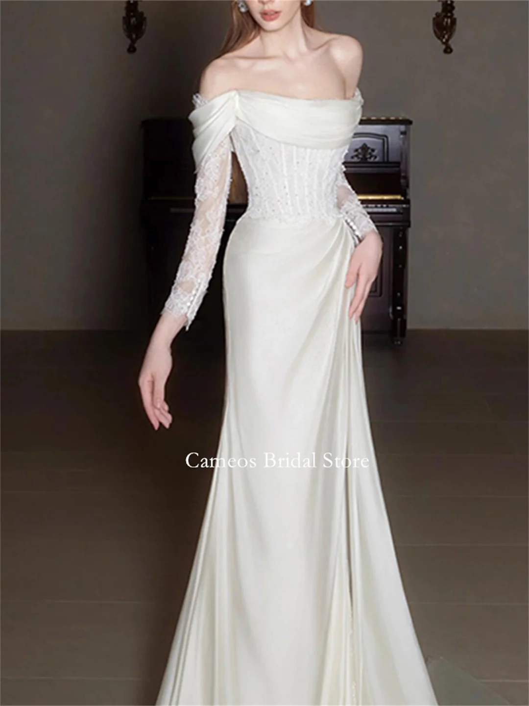 SONDR Off the Shoulder Fashion Korea Lace White Wedding Dresses Photo Shoot VINTAGE Satin Sweep Train Customized Bridal Gown