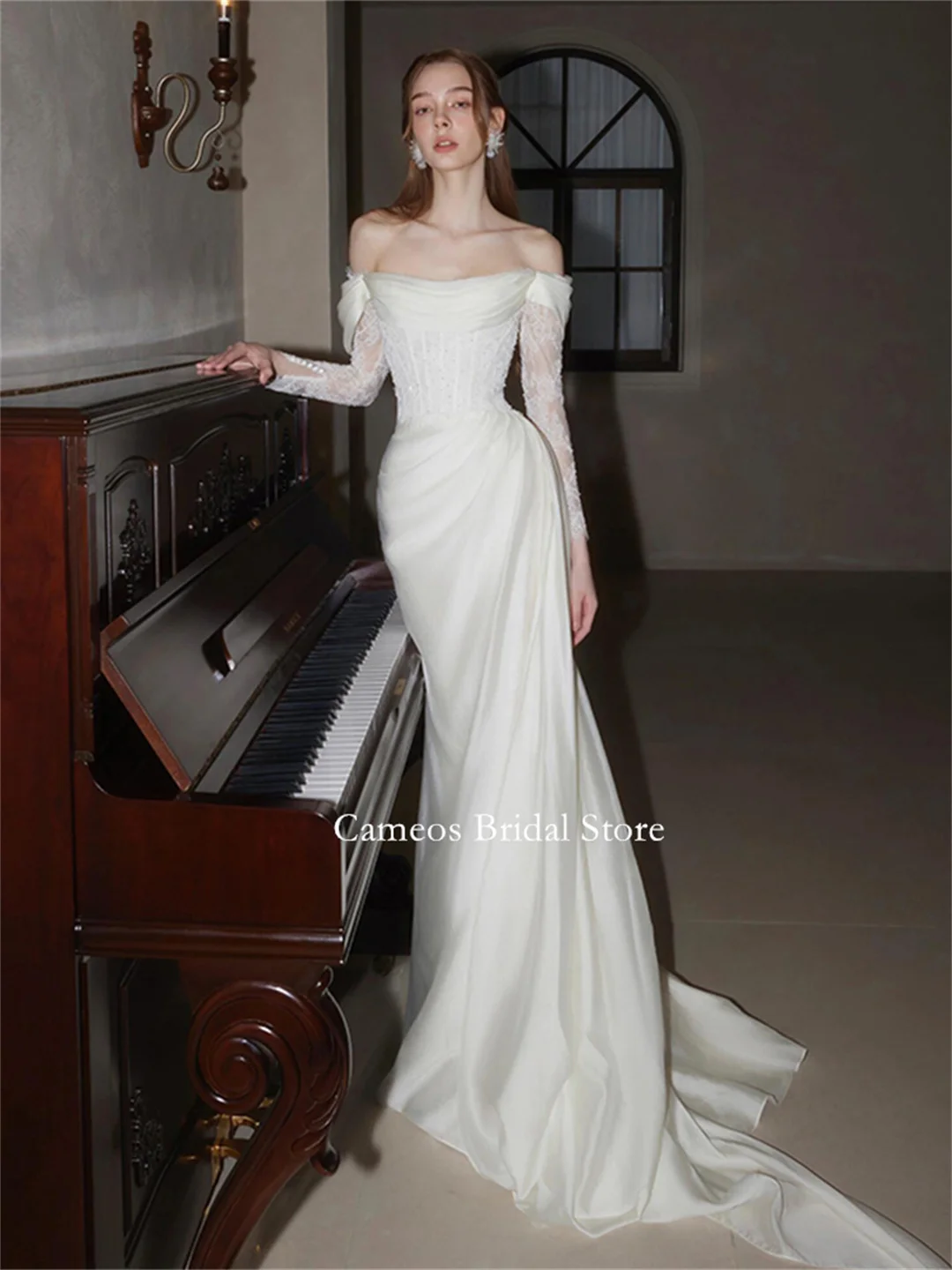 SONDR Off the Shoulder Fashion Korea Lace White Wedding Dresses Photo Shoot VINTAGE Satin Sweep Train Customized Bridal Gown