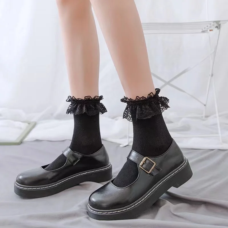 Women Socks Lace Lolita Jk Japanese Style White Black Solid kawaii Girl Cotton Cute Ankle Socks For Famale носки женские