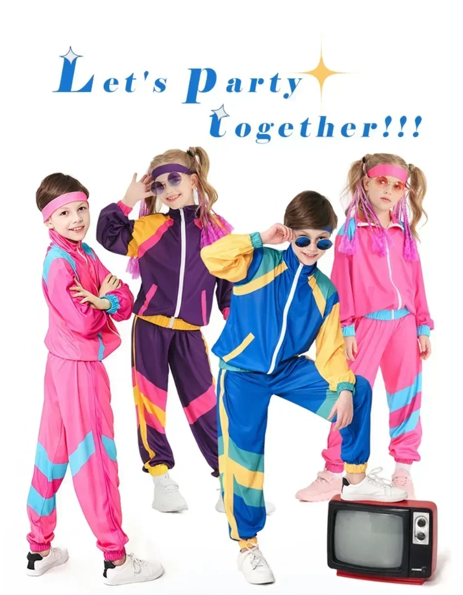 80s Tracksuit Hip Hop Costume Top Pants Sets Outfit Retro Disco Dance Sportswear Blue Pink Baseball Uniform