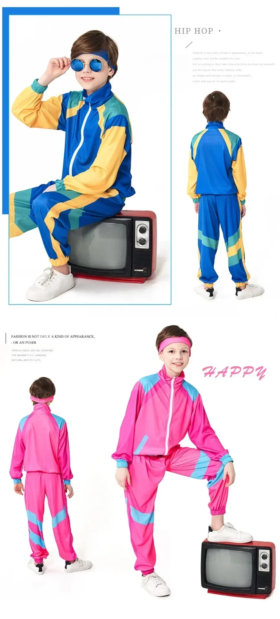 80s Tracksuit Hip Hop Costume Top Pants Sets Outfit Retro Disco Dance Sportswear Blue Pink Baseball Uniform