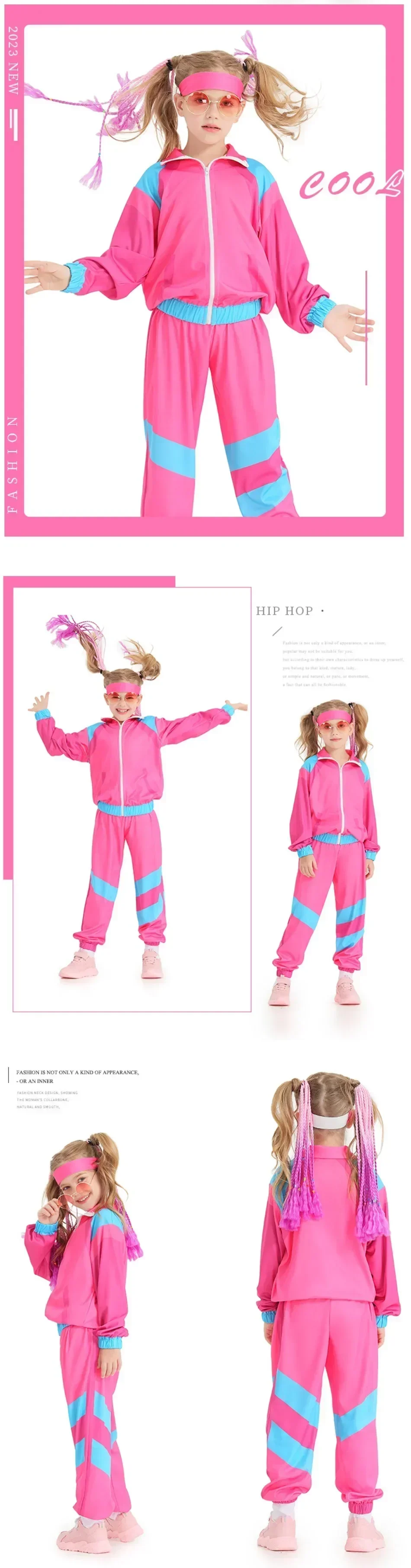 80s Tracksuit Hip Hop Costume Top Pants Sets Outfit Retro Disco Dance Sportswear Blue Pink Baseball Uniform