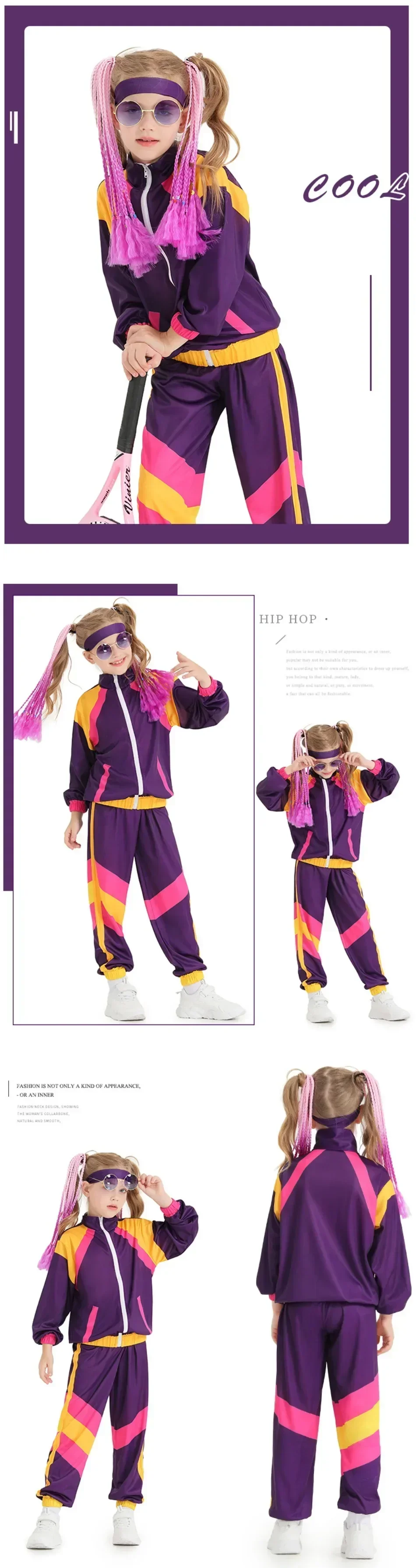 80s Tracksuit Hip Hop Costume Top Pants Sets Outfit Retro Disco Dance Sportswear Blue Pink Baseball Uniform