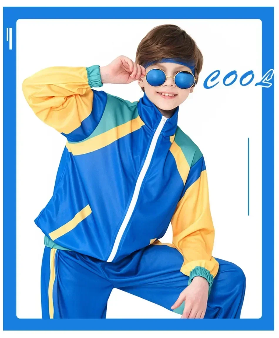 80s Tracksuit Hip Hop Costume Top Pants Sets Outfit Retro Disco Dance Sportswear Blue Pink Baseball Uniform