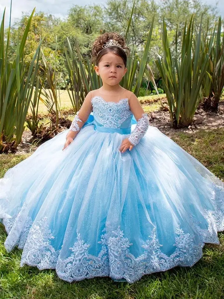 Pink Tulle Flower Girl Dress For Wedding Full Sleeves Puffy Applique Floor Length Princess Kids Birthday First Communion Gown