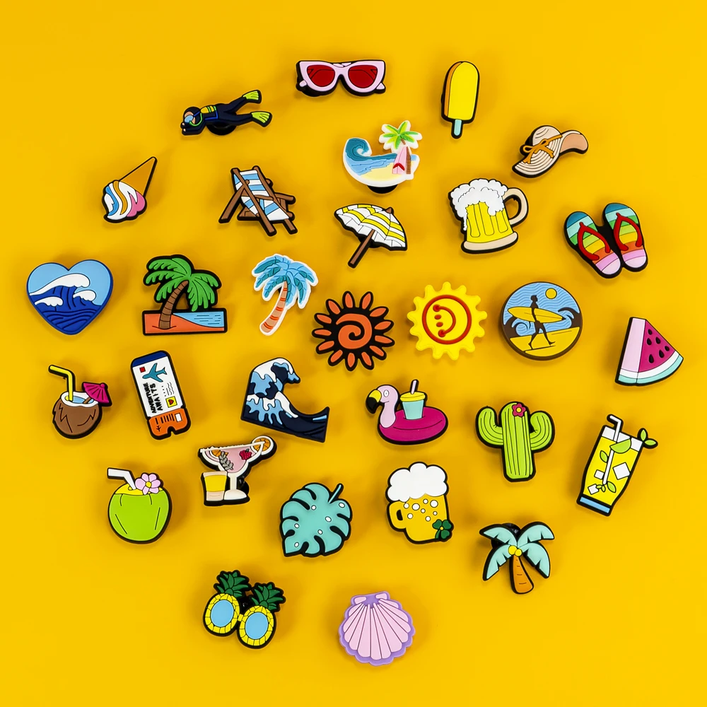 1/30PCS Resort Collection Shoe Charms Casual Style Plane Ticket Beer Popsicle Shoe Accessories for Clogs Kawaii Summer Shoe Pins