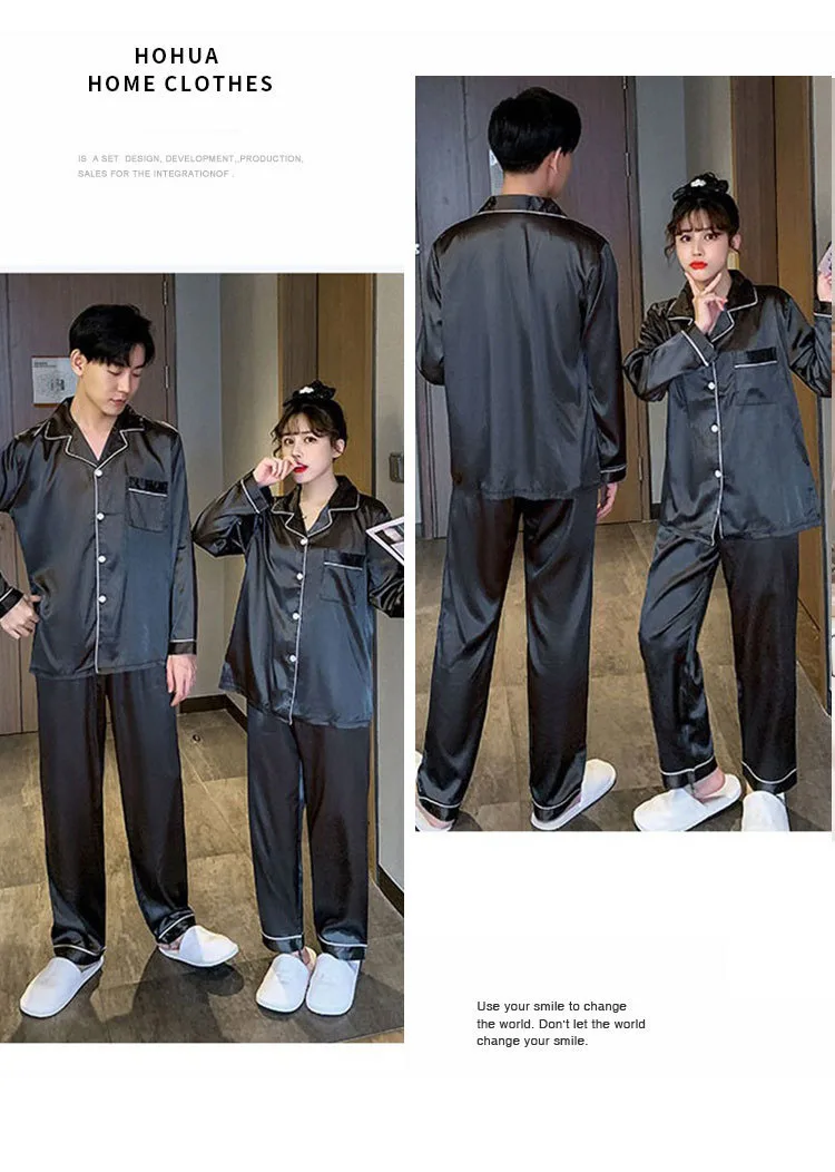 Pajamas Men Summer Ice Silk Thin Section of Men's Simulation Silk Black Long-Sleeved Trousers Homewear Suit